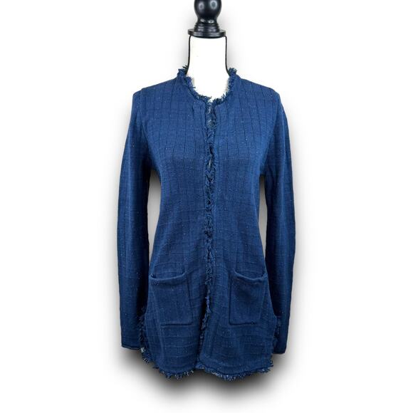 CAbi Duchess Longline Cardigan Sweater Blue Multicolor Flecks Frayed Edge Medium - Picture 2 of 7